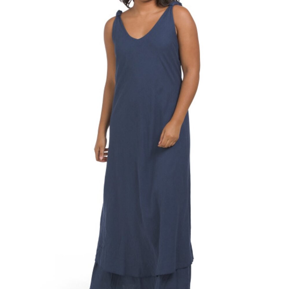 LUNA ALLEGRA Linen Blend Maxi Dress with Ruched Straps